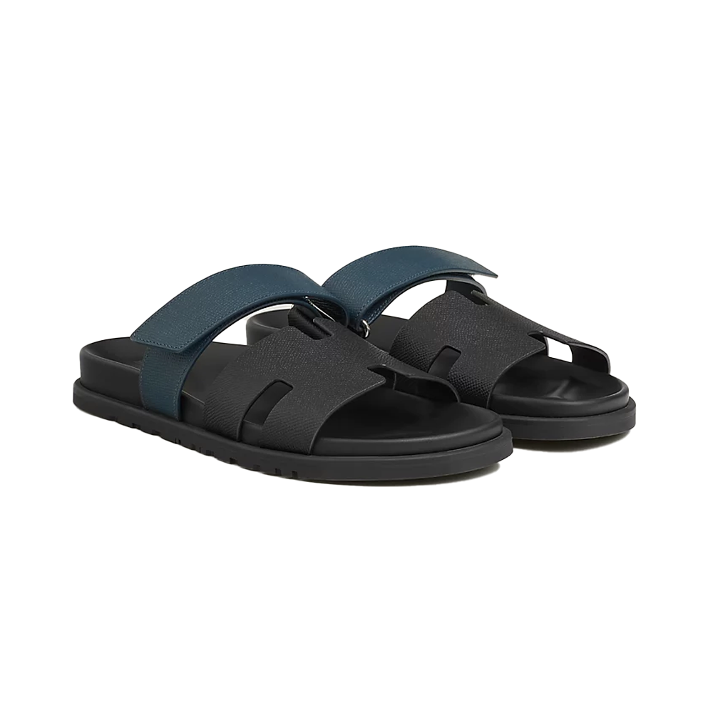 HERMES CHYPRE SANDALS BLACK/BLUE STRAP Size 44