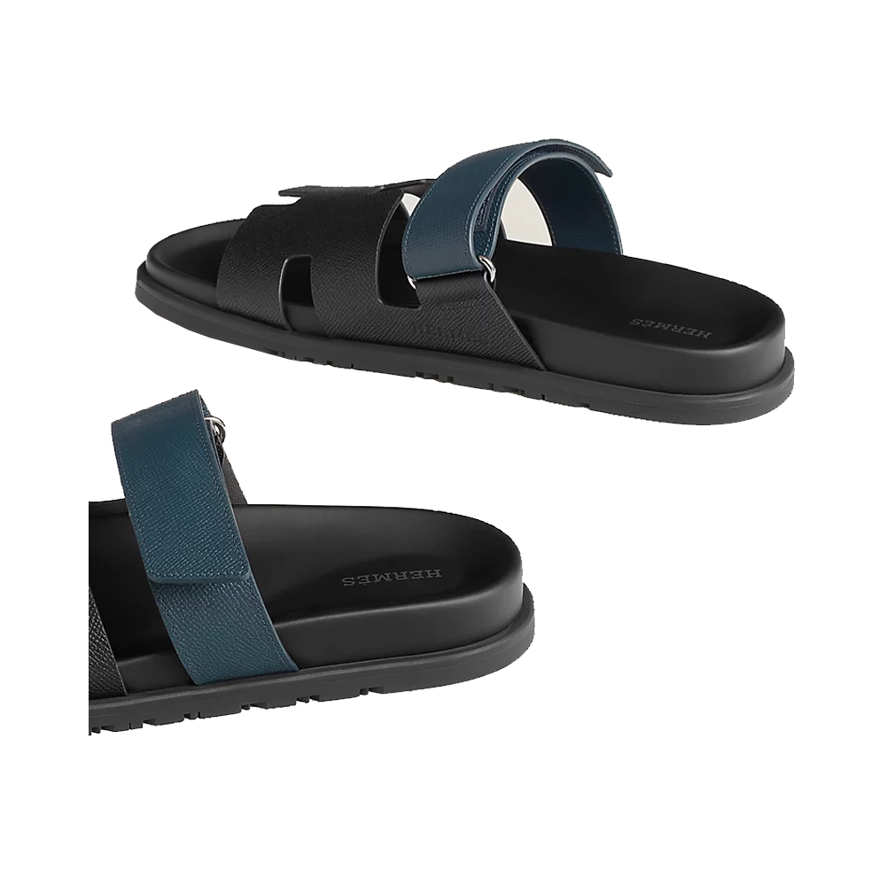 HERMES CHYPRE SANDALS BLACK/BLUE STRAP Size 44